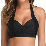 Chiccall Women Bikini Top Halter Solid Color Bathing Suit Top Push Up Swim Top Padded Swimsuit Top Only on Clearance